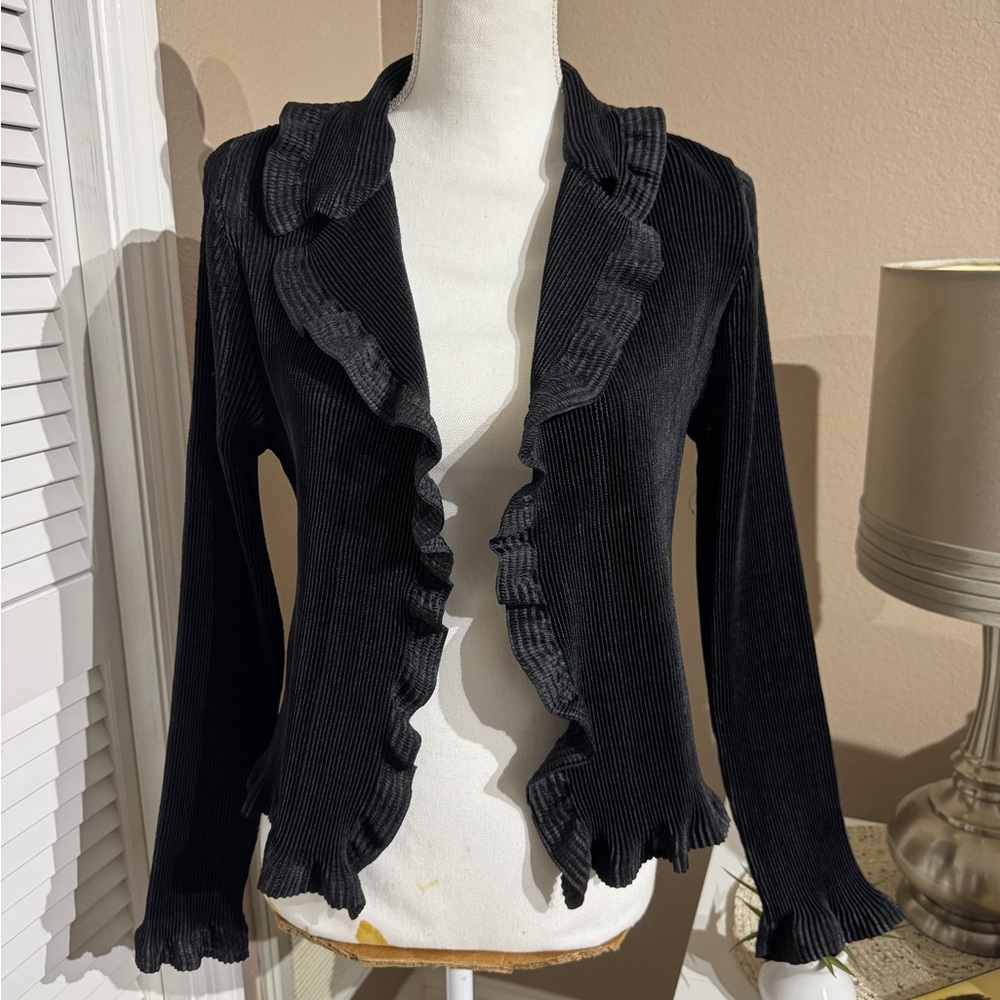 Caeliann Top Black Ruffle Shirt Large Poly Solid Fabric